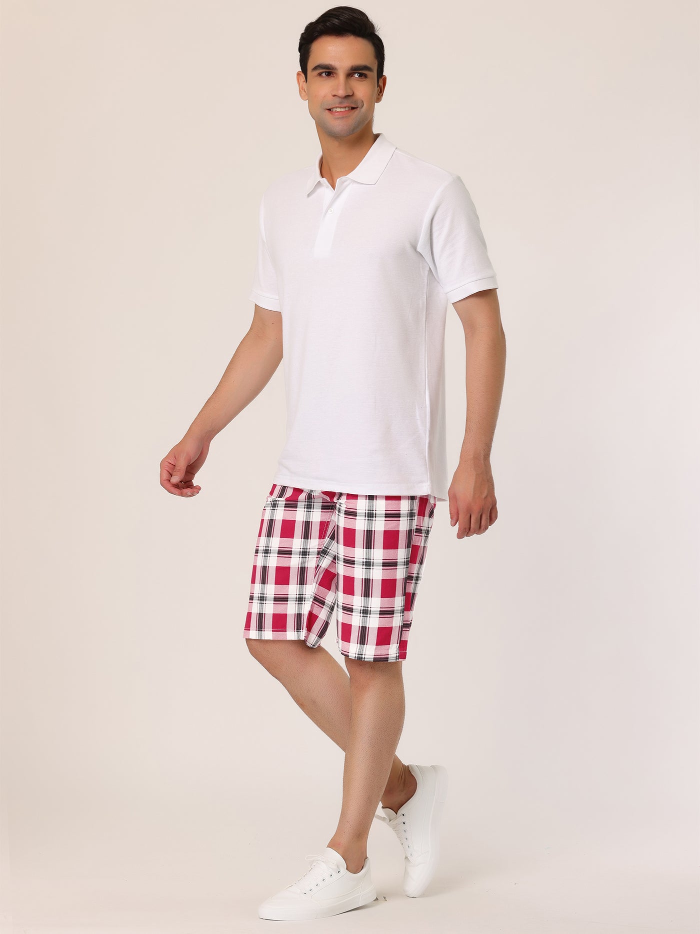 Bublédon Men's Summer Plaid Shorts Slim Fit Flat Front Pattern Pants