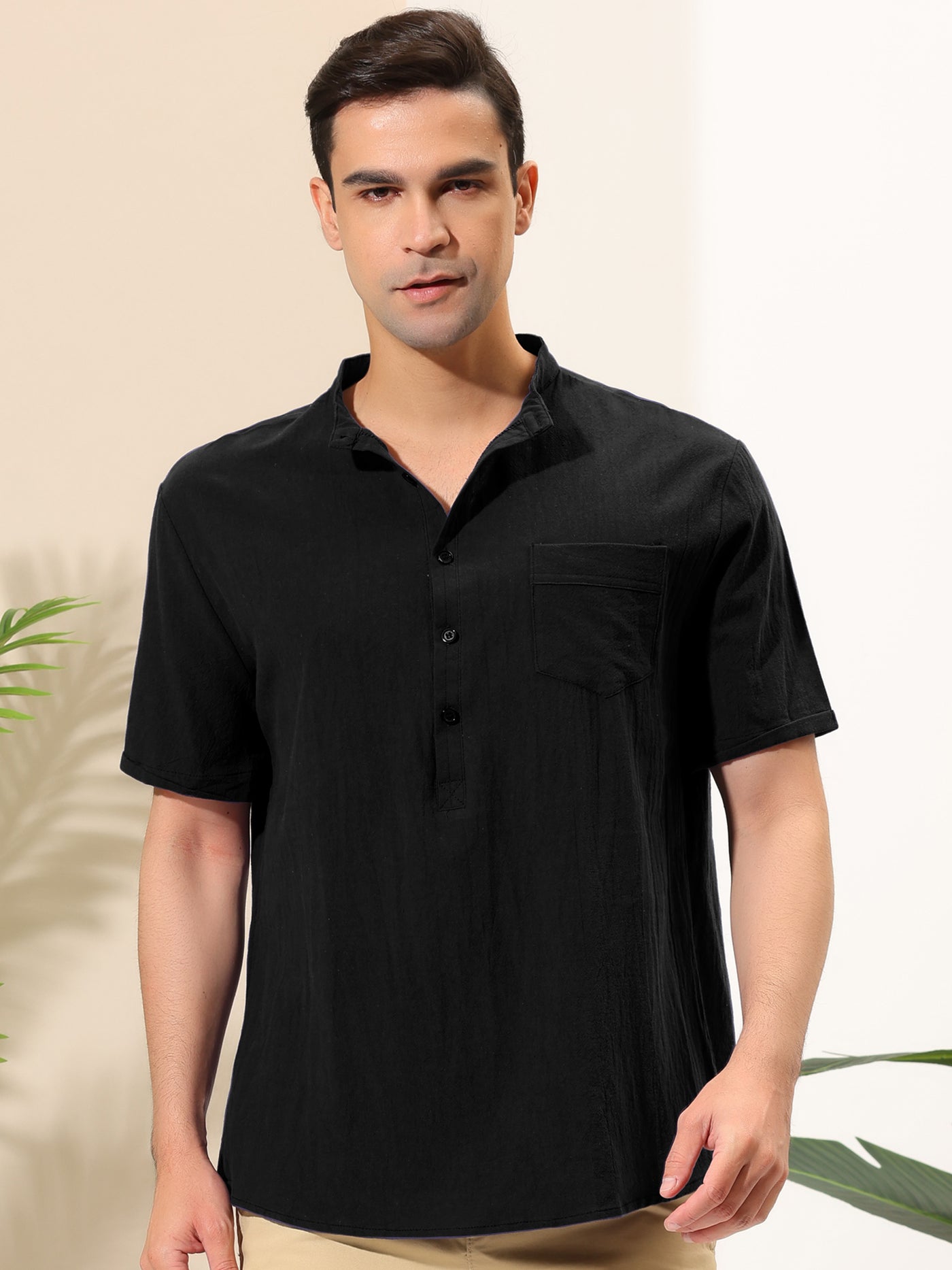 Bublédon Casual Banded Collar Solid Short Sleeve Henley Shirt