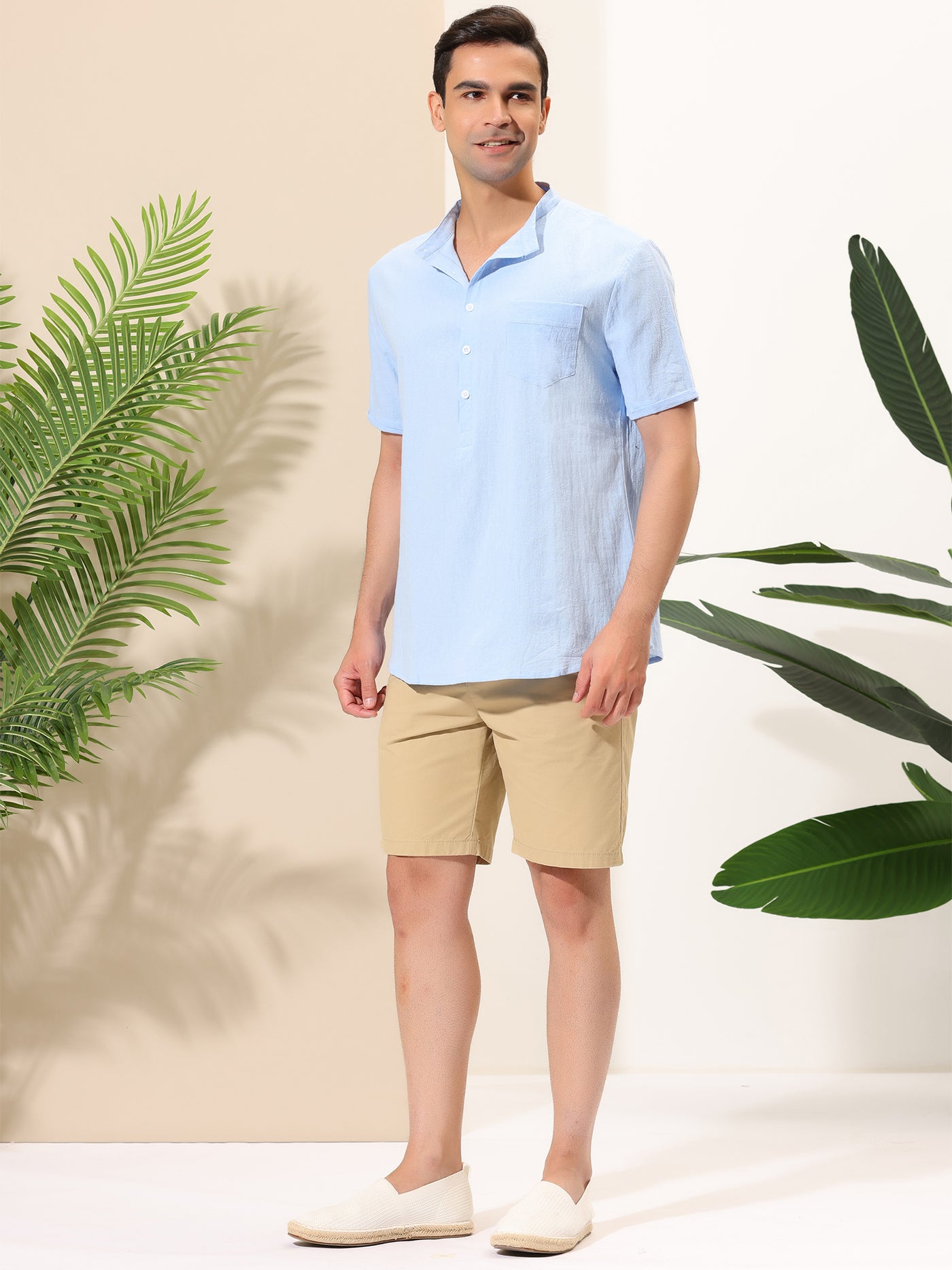 Bublédon Casual Banded Collar Solid Short Sleeve Henley Shirt