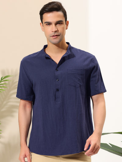 Casual Banded Collar Solid Short Sleeve Henley Shirt
