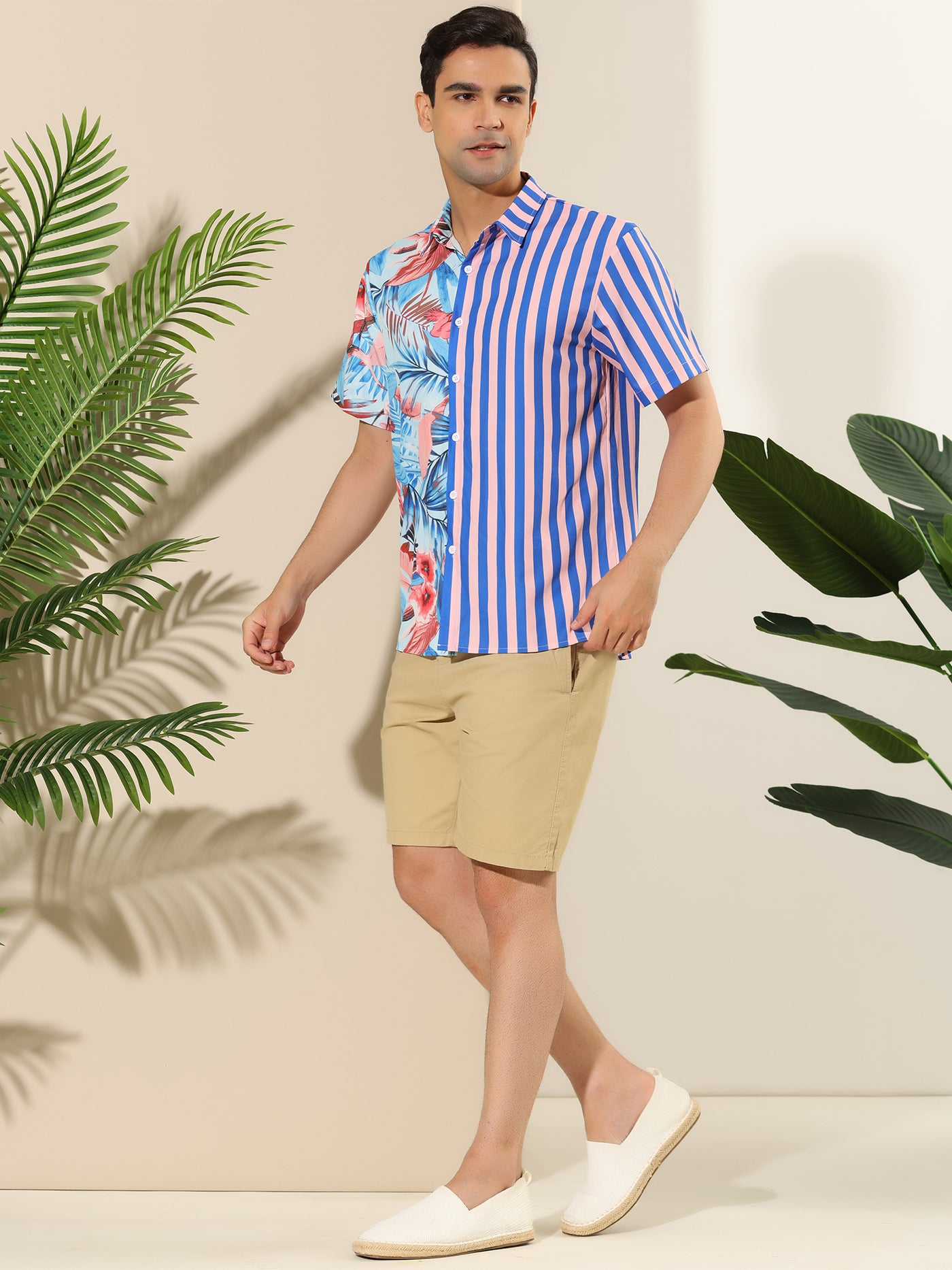 Bublédon Summer Floral Striped Printed Patchwork Lapel Shirt