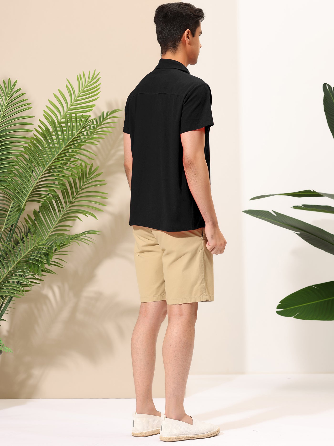 Bublédon Casual Linen Lapel V Neck Short Sleeve Beach Shirt