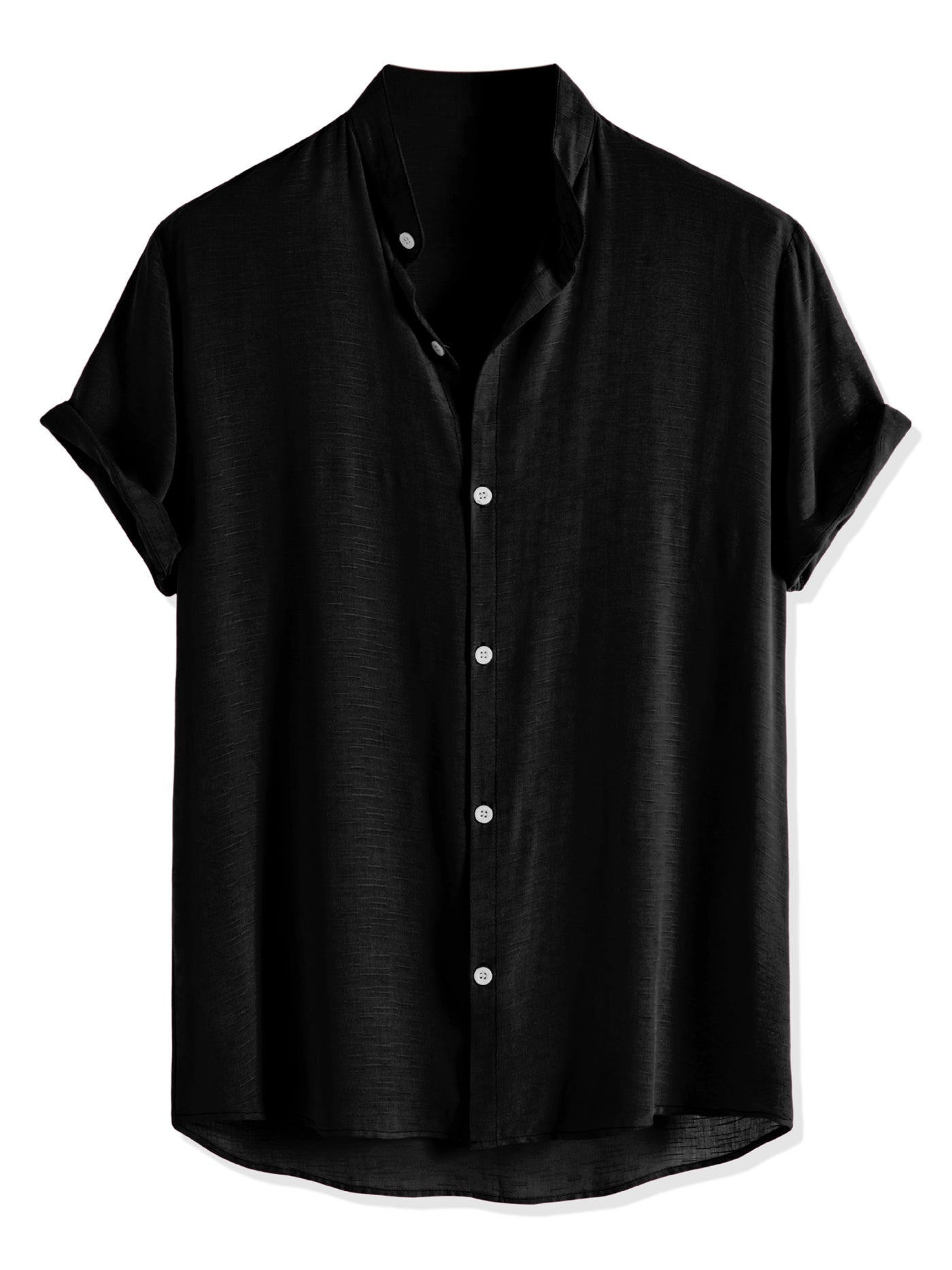 Bublédon Linen Banded Collar Short Sleeve Button Solid Shirts