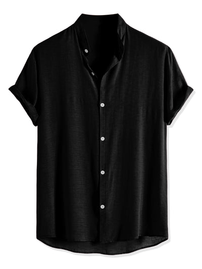 Linen Banded Collar Short Sleeve Button Solid Shirts
