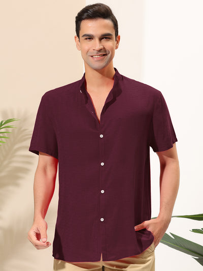 Linen Banded Collar Short Sleeve Button Solid Shirts