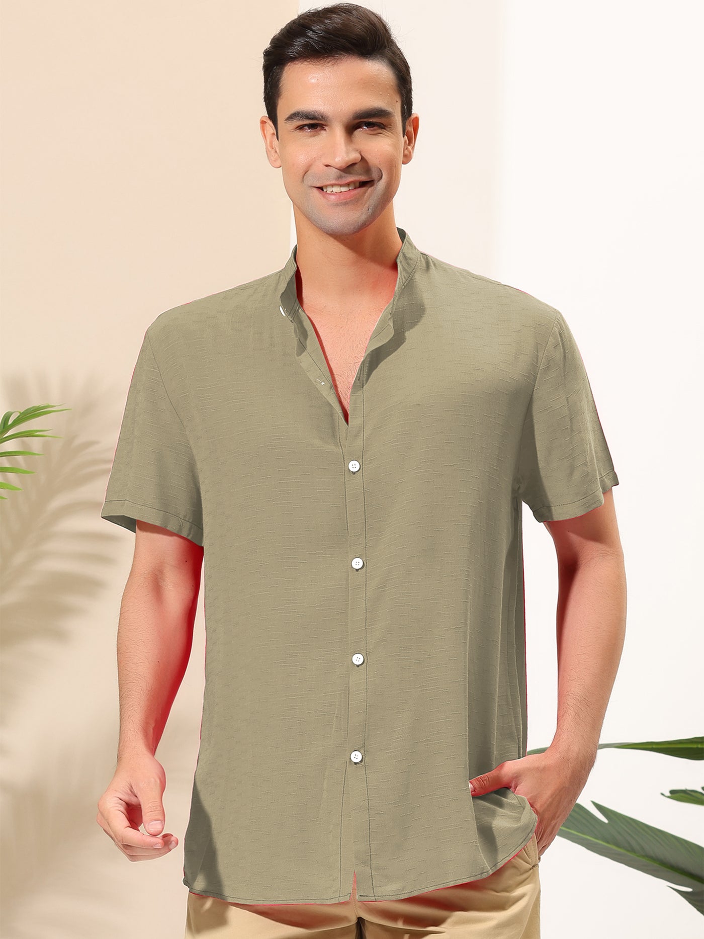 Bublédon Linen Banded Collar Short Sleeve Button Solid Shirts