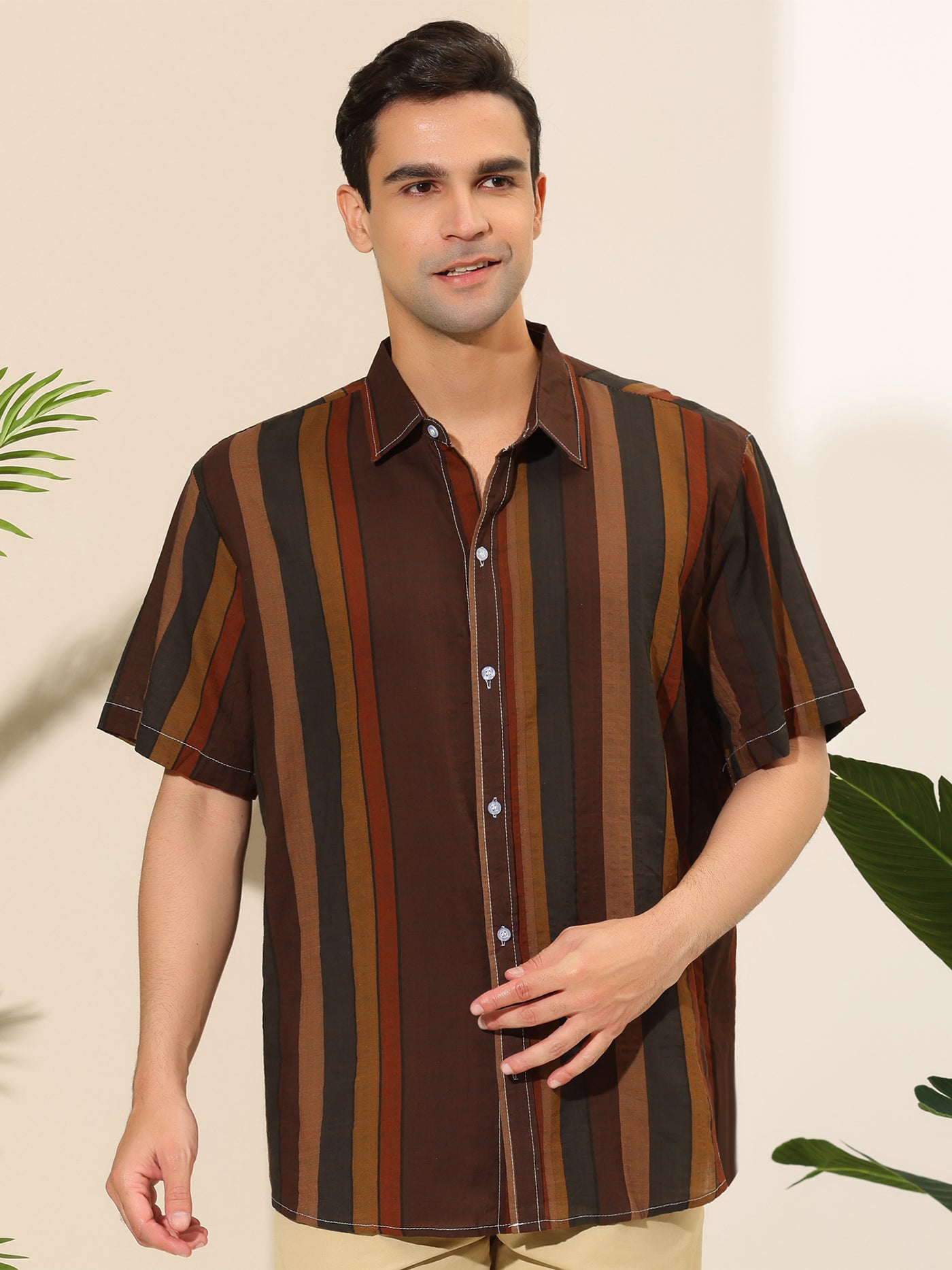 Bublédon Summer Short Sleeve Button Colorful Striped Shirts