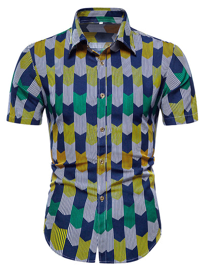 Hawaiian Geometric Color Block Short Sleeve Shirt