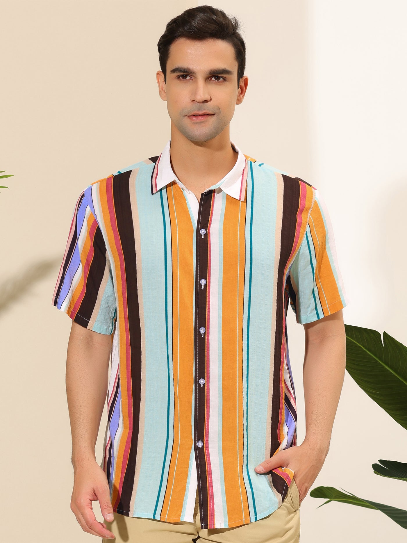 Bublédon Colorful Short Sleeve Button Vertical Striped Shirts