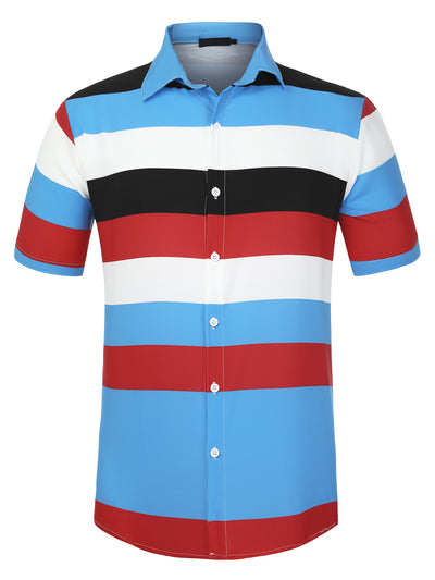 Men's Summer Striped Shirt Short Sleeves Button Up Color Block Hawaiian Shirts