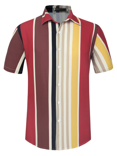 Men's Summer Striped Shirt Short Sleeves Button Up Color Block Hawaiian Shirts