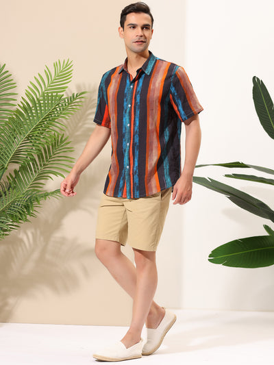 Summer Color Block Stripe Casual Short Sleeve Shirt