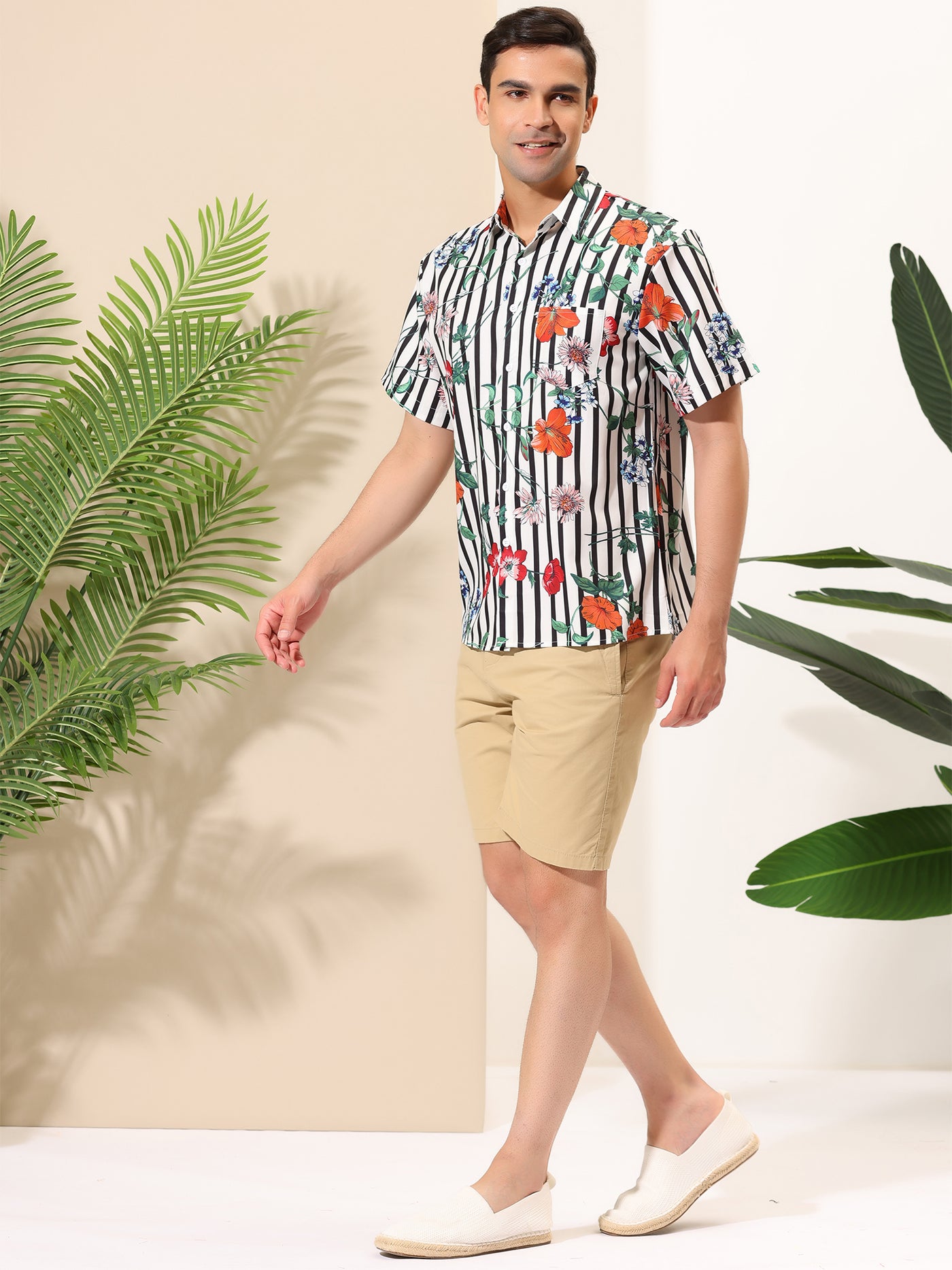Bublédon Summer Floral Stripe Print Button Short Sleeve Shirts