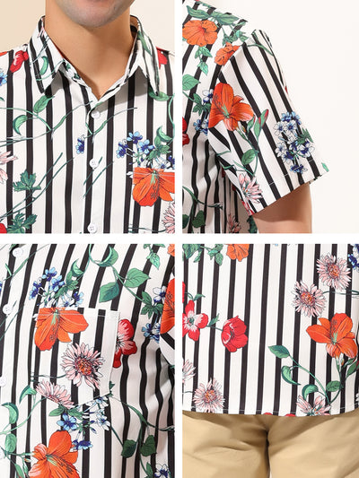 Summer Floral Stripe Print Button Short Sleeve Shirts