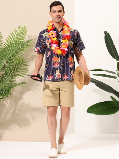 Summer Floral Stripe Print Button Short Sleeve Shirts