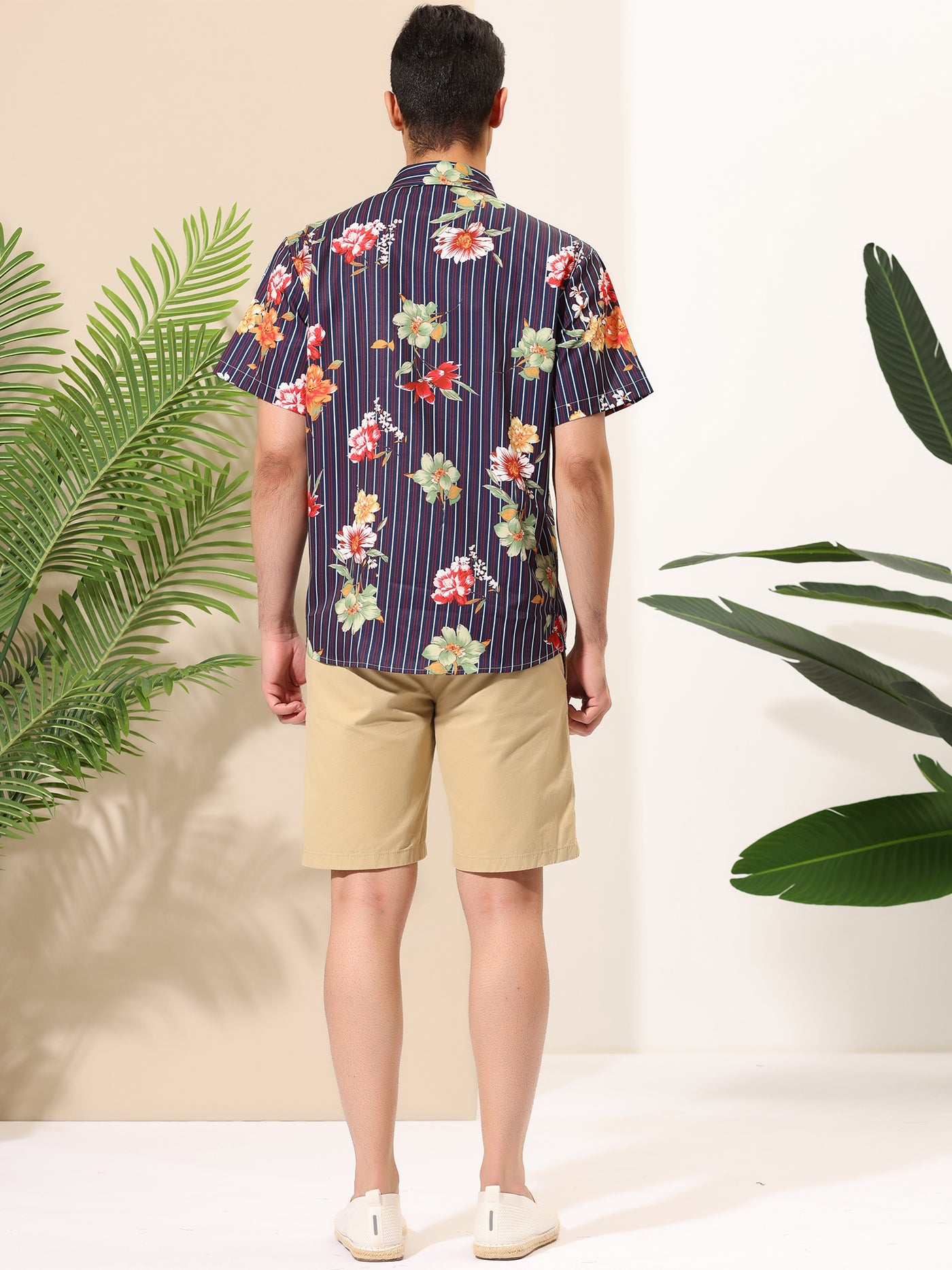 Bublédon Summer Floral Stripe Print Button Short Sleeve Shirts