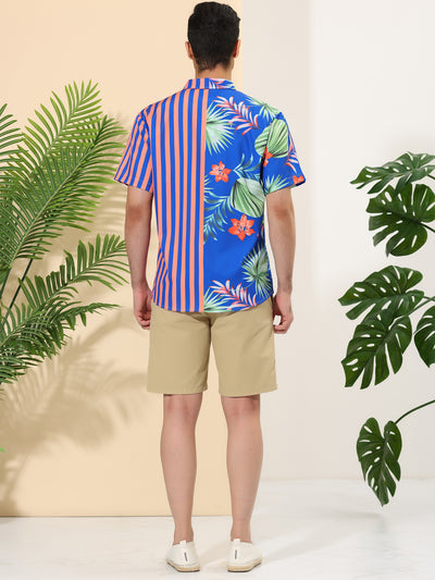 Men's Summer Printed Shirt Casual Button Up Floral Stripes Patchwork Beach Shirts