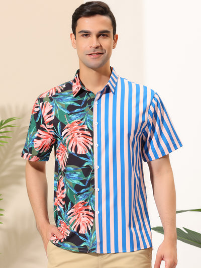 Men's Summer Printed Shirt Casual Button Up Floral Stripes Patchwork Beach Shirts