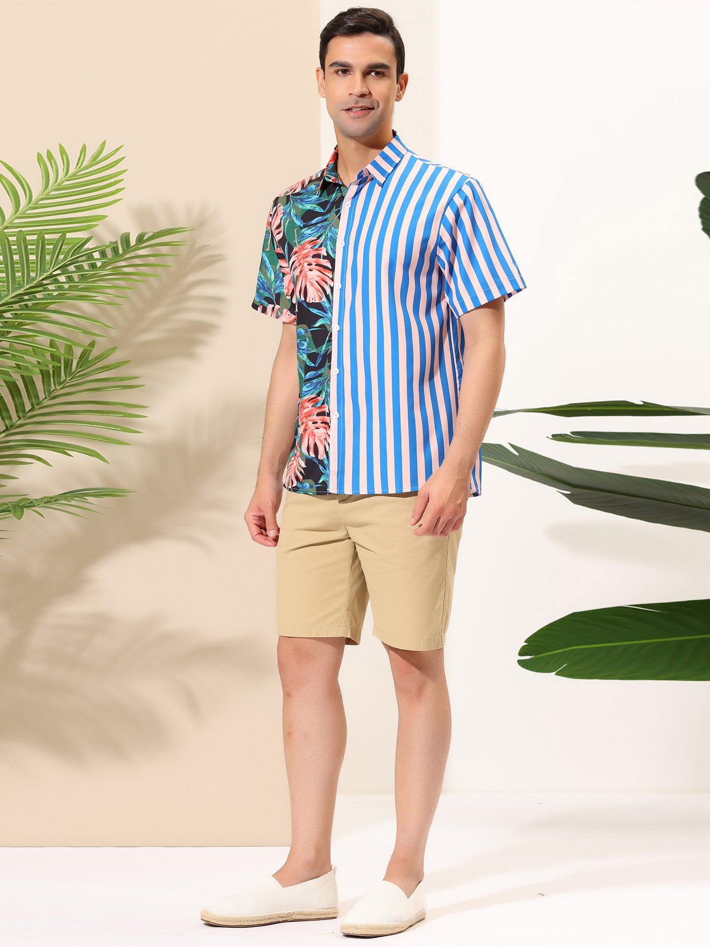 Bublédon Men's Summer Printed Shirt Casual Button Up Floral Stripes Patchwork Beach Shirts
