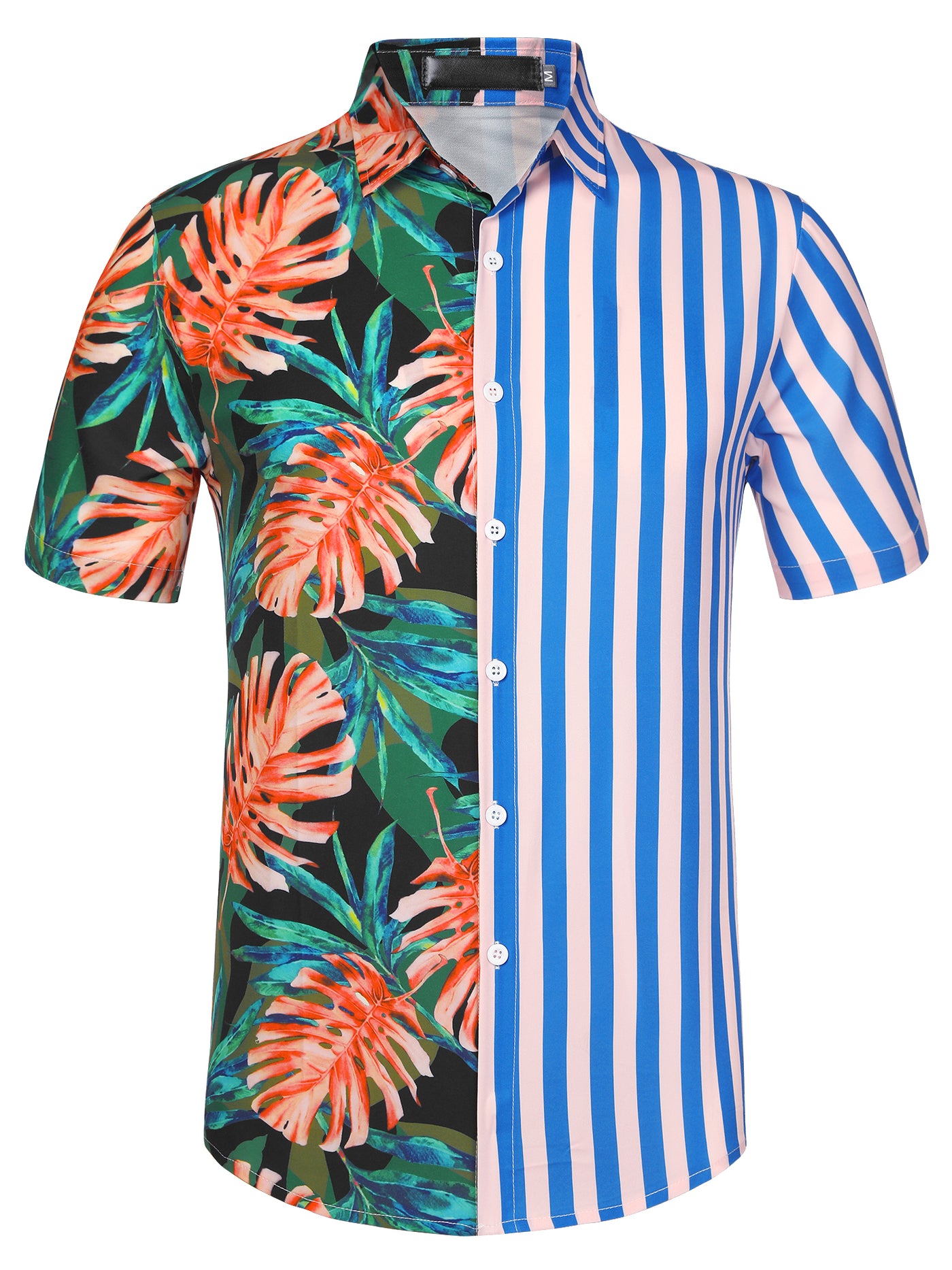 Bublédon Men's Summer Printed Shirt Casual Button Up Floral Stripes Patchwork Beach Shirts