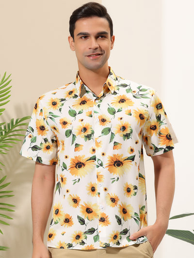 Sunflower Floral Printed Short Sleeve Button Down Shirt