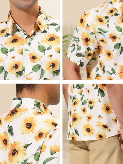 Sunflower Floral Printed Short Sleeve Button Down Shirt