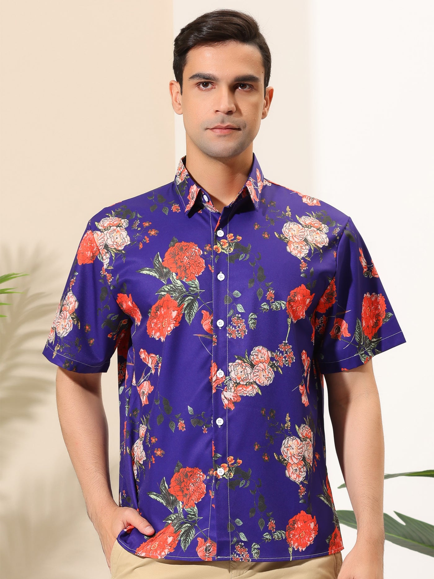 Bublédon Hawaiian Flower Printed Short Sleeve Beach Shirts