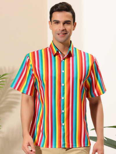 Vertical Stripe Print Lapel Short Sleeve Button Shirts