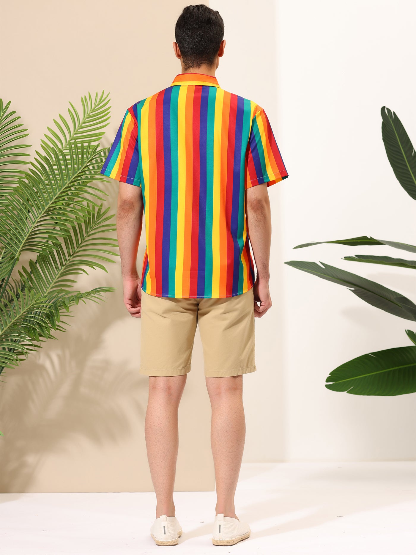 Bublédon Vertical Stripe Print Lapel Short Sleeve Button Shirts
