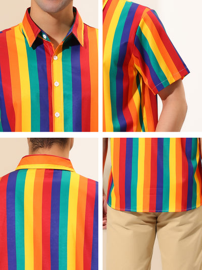 Vertical Stripe Print Lapel Short Sleeve Button Shirts
