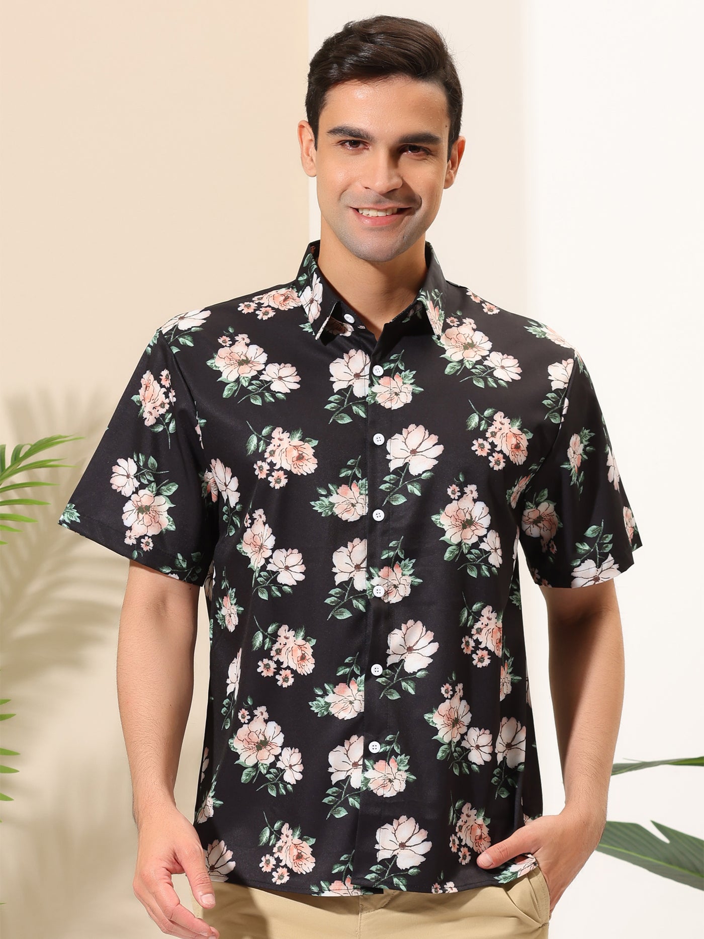 Bublédon Chic Hawaiian Tropical Flower Print Short Sleeve Shirt