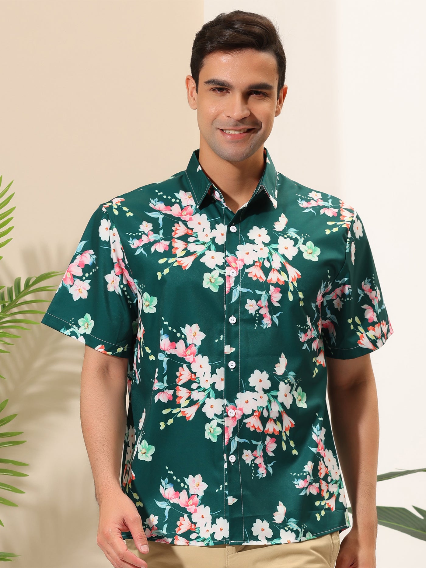 Bublédon Chic Hawaiian Tropical Flower Print Short Sleeve Shirt