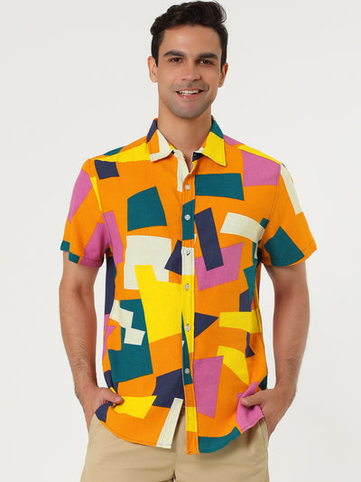 Colorful Print Button Short Sleeve Round Hem Shirts