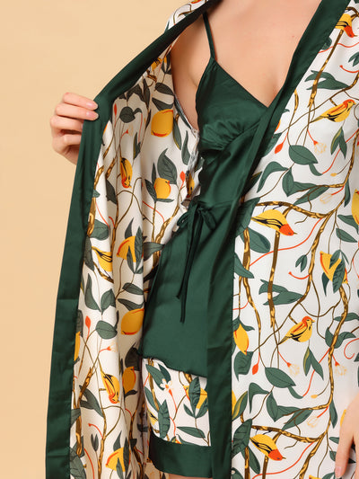 Women's 4pcs Silk Cami Top Nightdress Robe Floral Satin Pajama Set