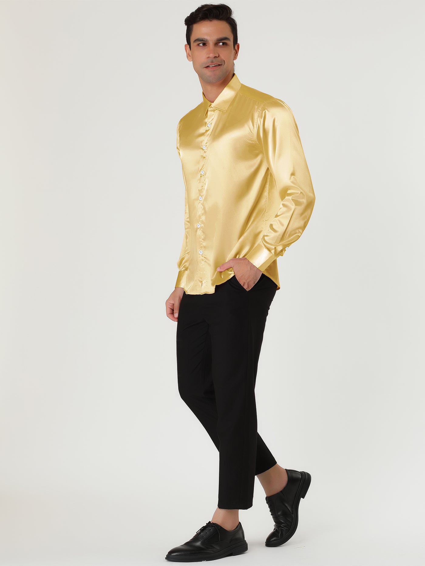 Bublédon Satin Point Collar Long Sleeve Button Dress Shirts