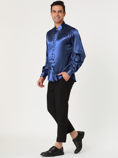 Satin Point Collar Long Sleeve Button Dress Shirts