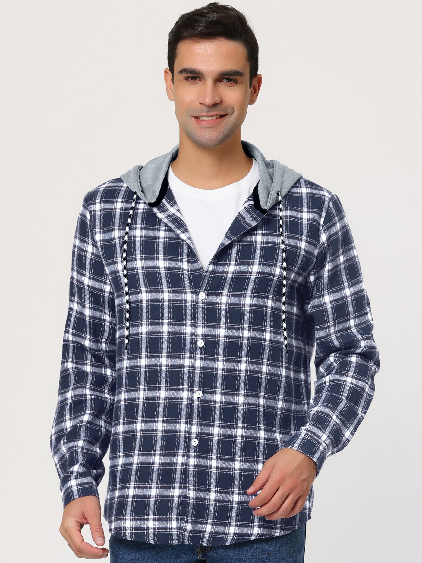 Bublédon Men's Hoodies Plaid Shirt Long Sleeves Button Checked Drawstring Hooded Jackets
