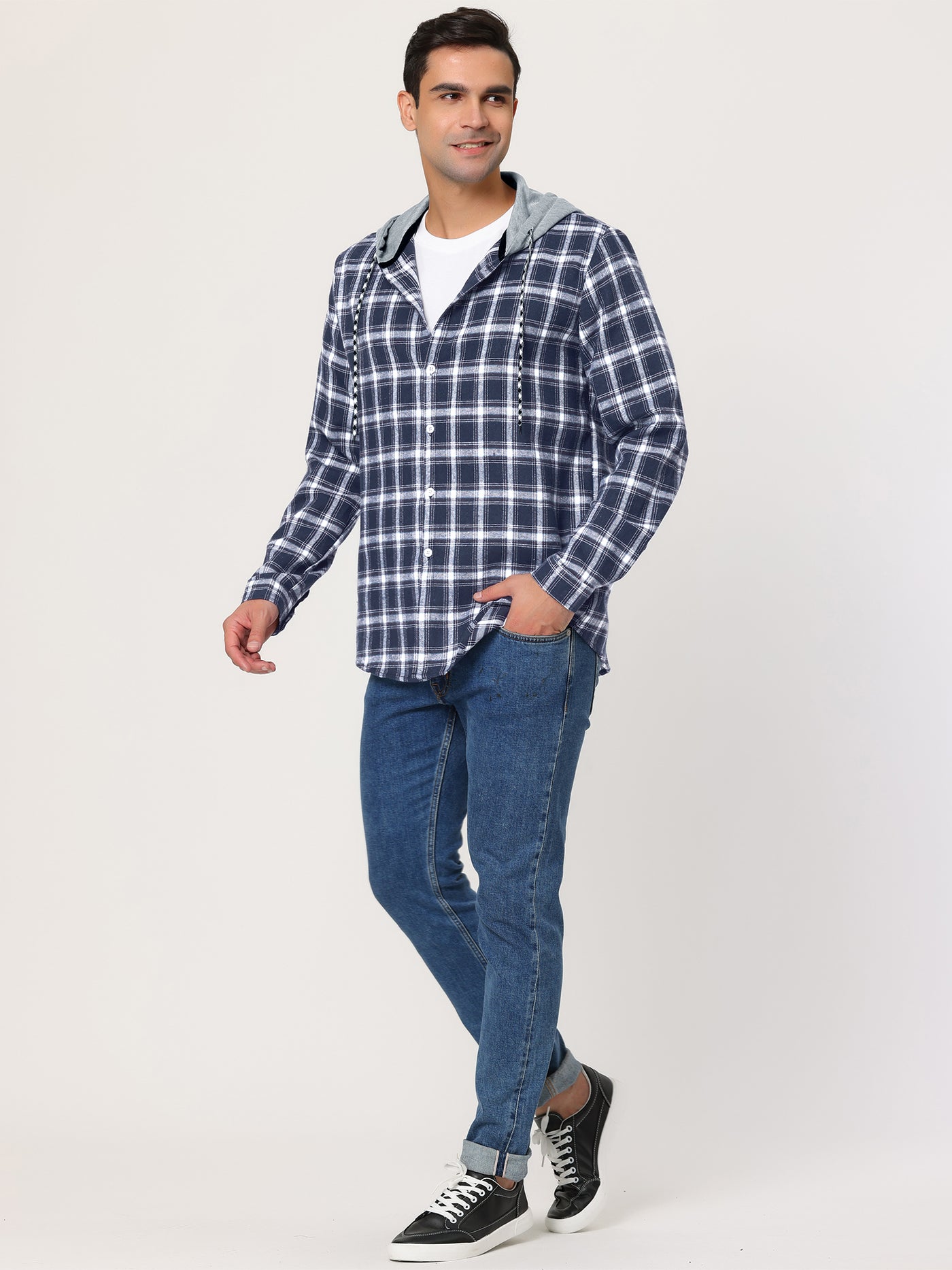 Bublédon Men's Hoodies Plaid Shirt Long Sleeves Button Checked Drawstring Hooded Jackets