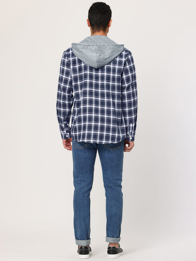 Men's Hoodies Plaid Shirt Long Sleeves Button Checked Drawstring Hooded Jackets