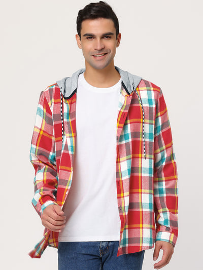 Men's Hoodies Plaid Shirt Long Sleeves Button Checked Drawstring Hooded Jackets