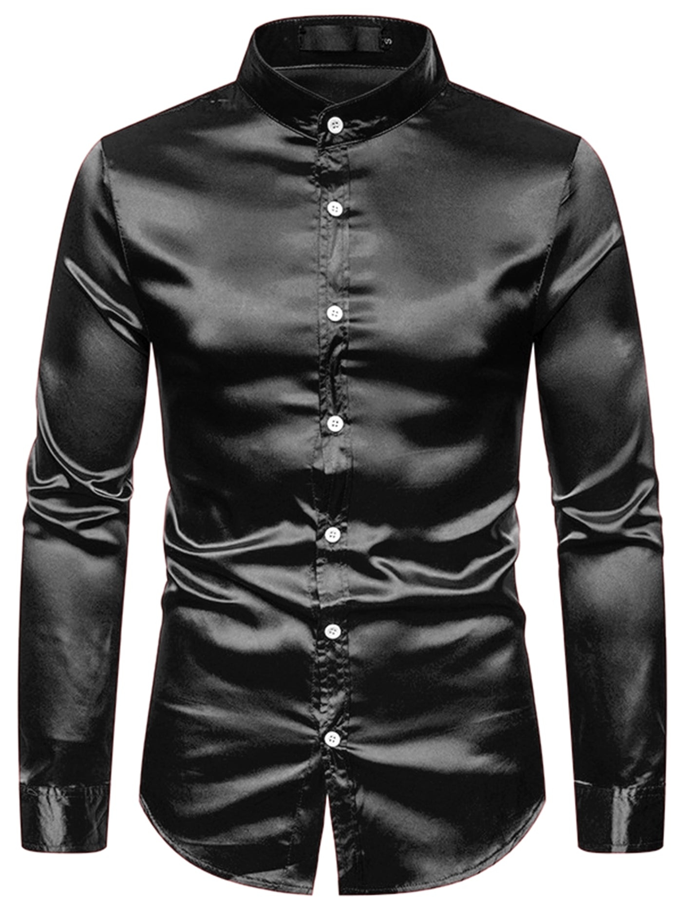 Bublédon Men's Satin Band Collar Long Sleeves Button Down Slim Fit Solid Dress Shirts