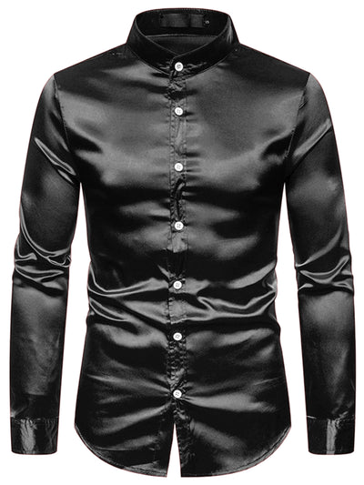 Men's Satin Band Collar Long Sleeves Button Down Slim Fit Solid Dress Shirts
