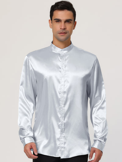Men's Satin Band Collar Long Sleeves Button Down Slim Fit Solid Dress Shirts