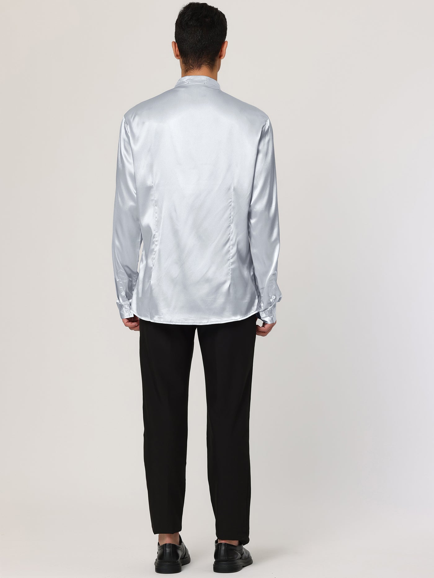 Bublédon Men's Satin Band Collar Long Sleeves Button Down Slim Fit Solid Dress Shirts