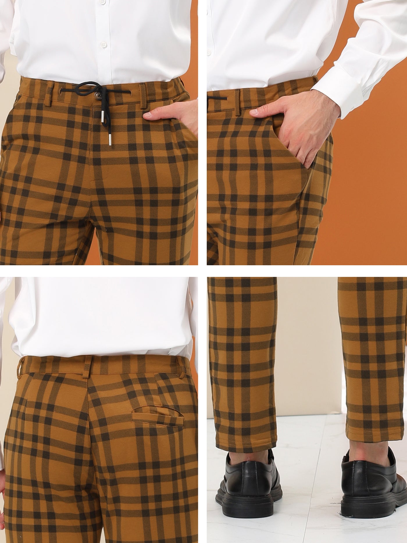 Bublédon Men's Business Plaid Pants Drawstring Skinny Fit Pencil Checked Dress Trousers