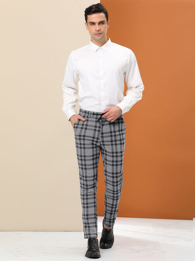 Men's Business Plaid Pants Drawstring Skinny Fit Pencil Checked Dress Trousers