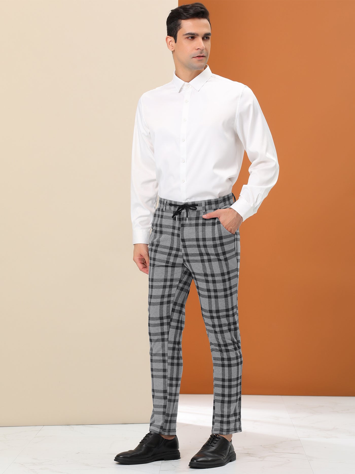 Bublédon Men's Business Plaid Pants Drawstring Skinny Fit Pencil Checked Dress Trousers