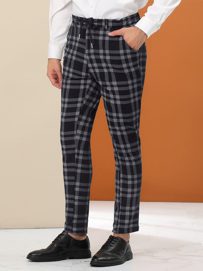 Men's Business Plaid Pants Drawstring Skinny Fit Pencil Checked Dress Trousers