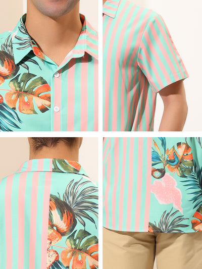 Hawaiian Summer Leaf Printed Stripe Patchwork Shirt