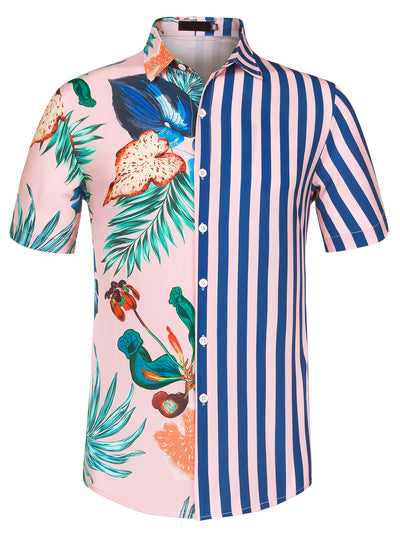 Hawaiian Summer Leaf Printed Stripe Patchwork Shirt